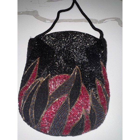Majay Beaded Evening Bag Purse Black Red Gold Abstract Party Cocktail Vintage - Picture 1 of 6